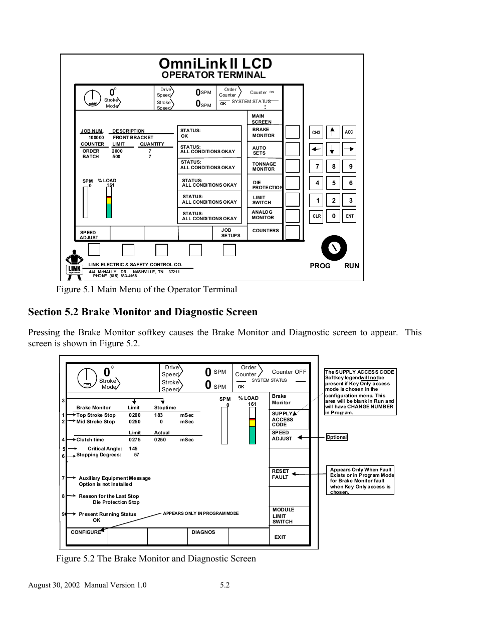Omnilink ii lcd, Figure 5.1 main menu of the operator terminal, Operator terminal | Prog run | LINK Systems OmniLink II Press Automation Control User Manual | Page 85 / 154