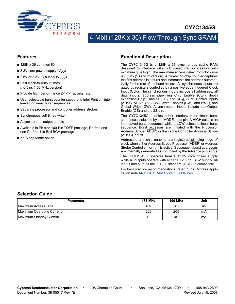 Cypress CY7C1345G User Manual | 20 pages