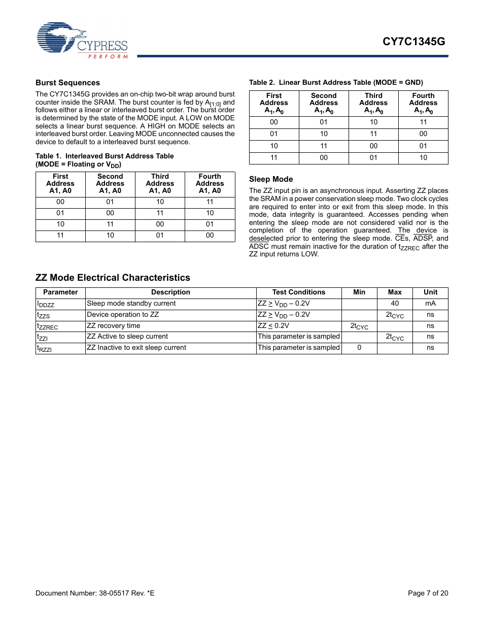 Zz mode electrical characteristics | Cypress CY7C1345G User Manual | Page 7 / 20