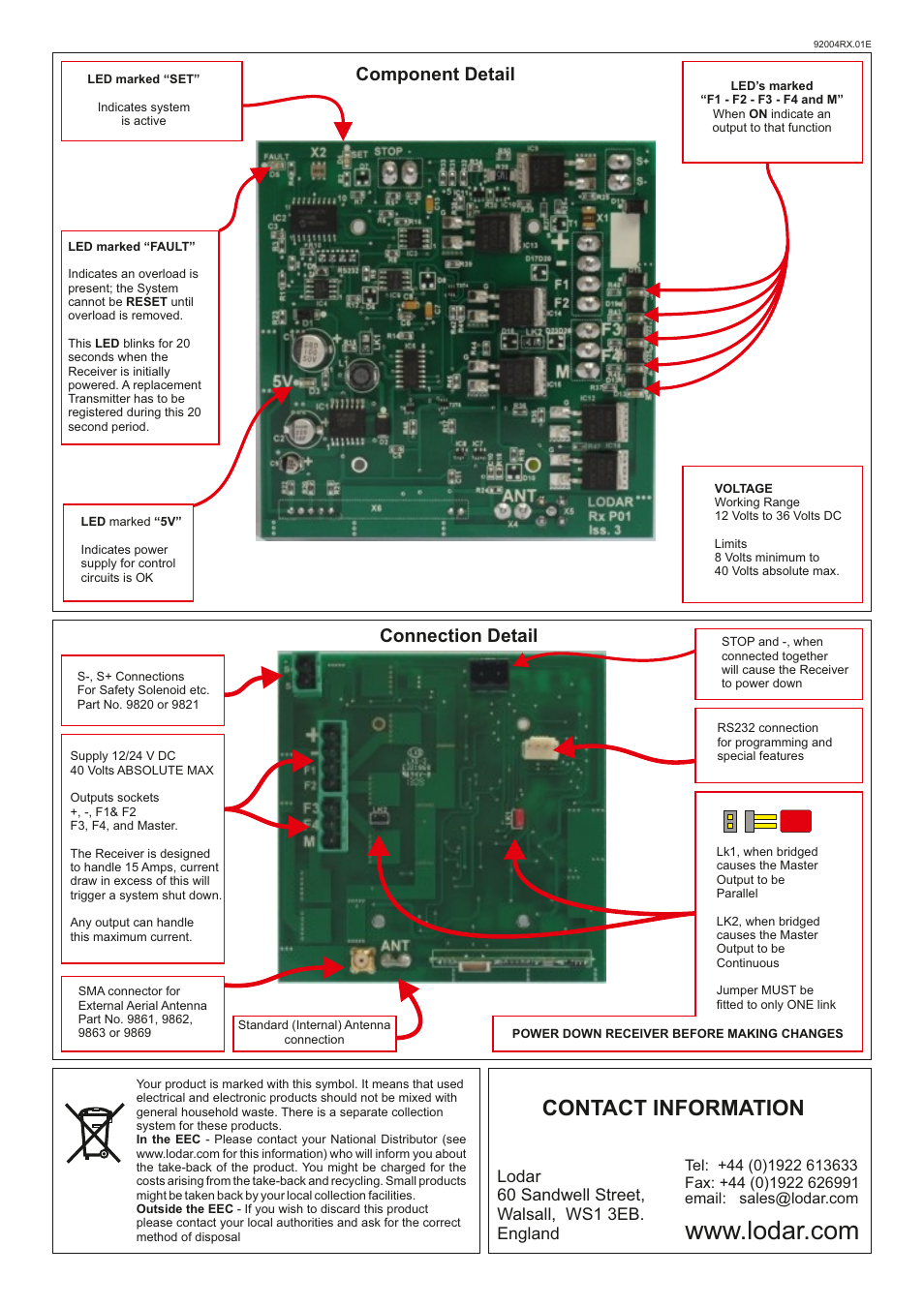 Contact information, Connection detail, Component detail | Lodar 4 Function FET Receiver with Keypad, master output and Mini Transmitter User Manual | Page 2 / 2