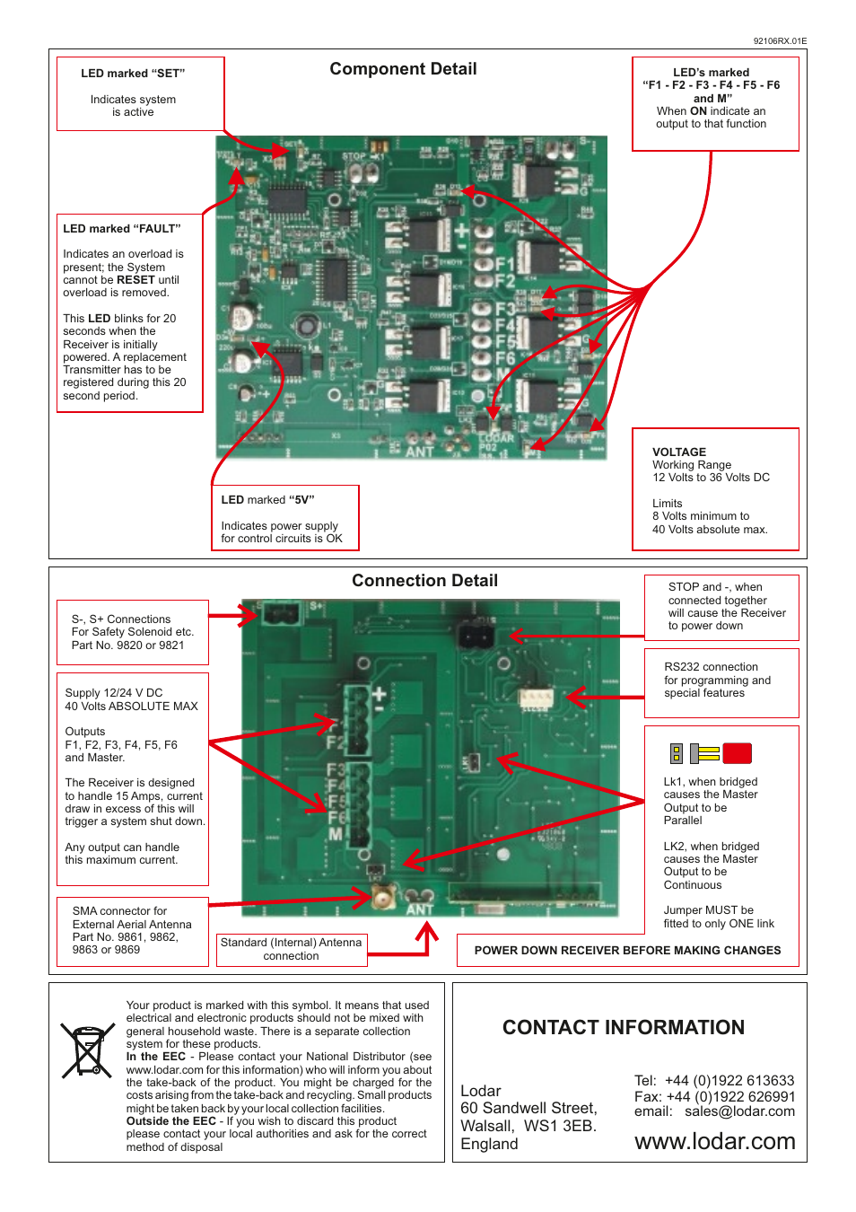 Contact information, Connection detail, Component detail | Lodar 6 Function FET Receiver with master output and IP Stainless Transmitter User Manual | Page 2 / 2