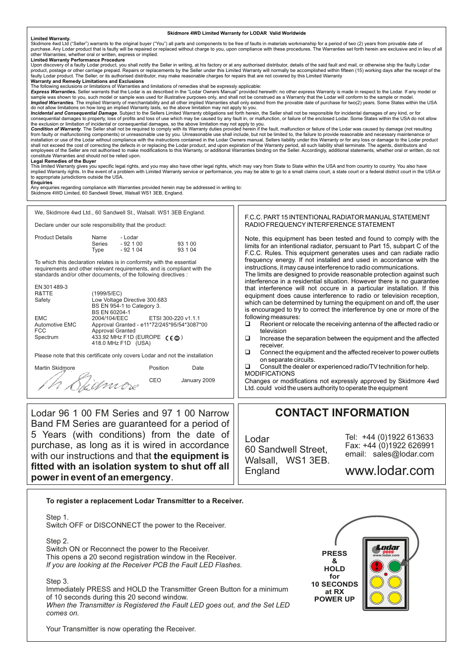 Contact information | Lodar 4 Function AC relay Receiver, Master and IP Series Transmitter User Manual | Page 5 / 5