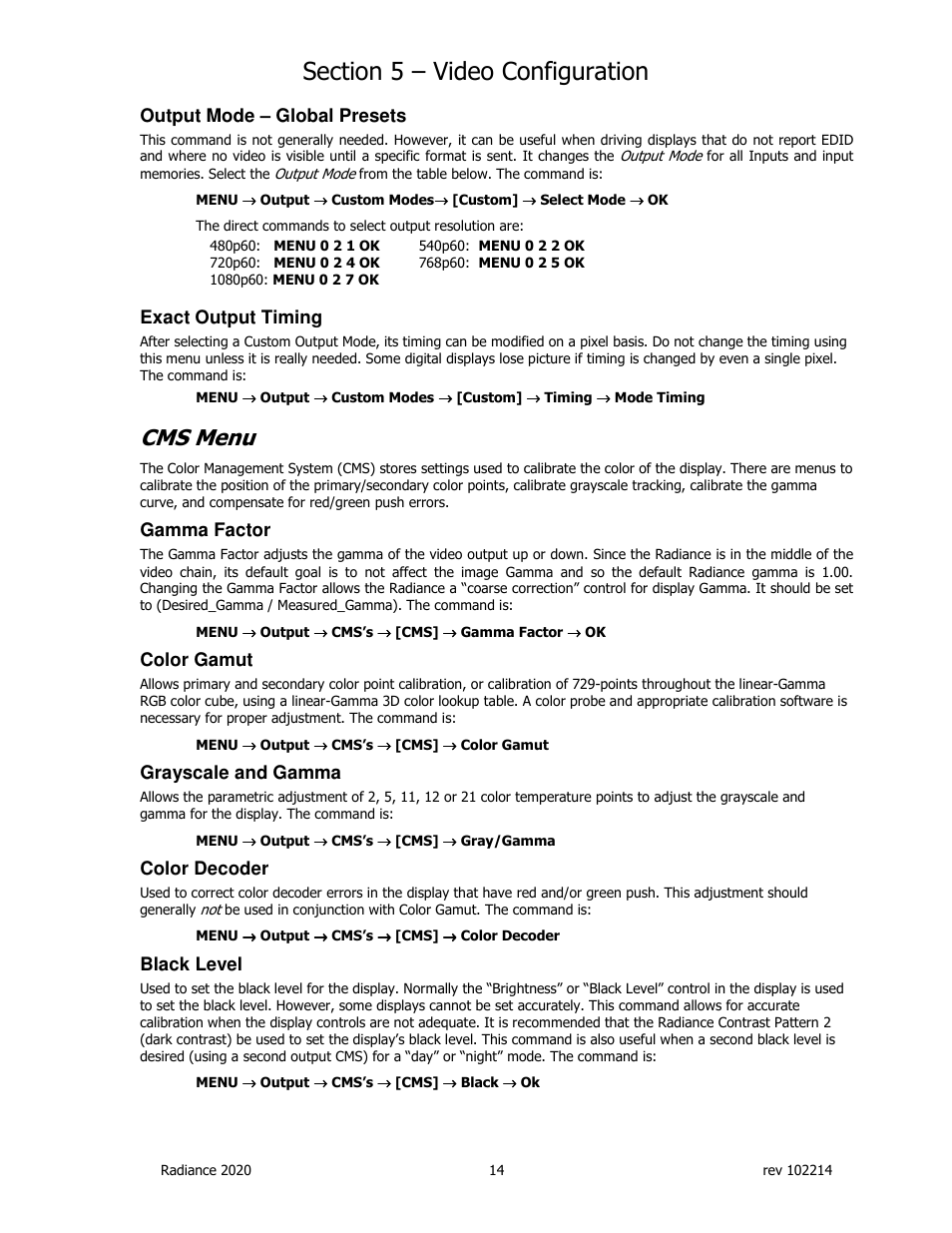 Cms menu, Output mode – global presets, Exact output timing | Gamma factor, Color gamut, Grayscale and gamma, Color decoder, Black level | Lumagen Radiance 2020 User Manual | Page 19 / 40