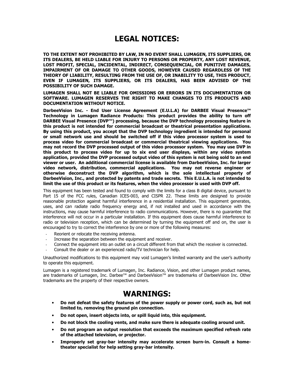 Legal notices, Warnings | Lumagen Radiance 2020 User Manual | Page 2 / 40