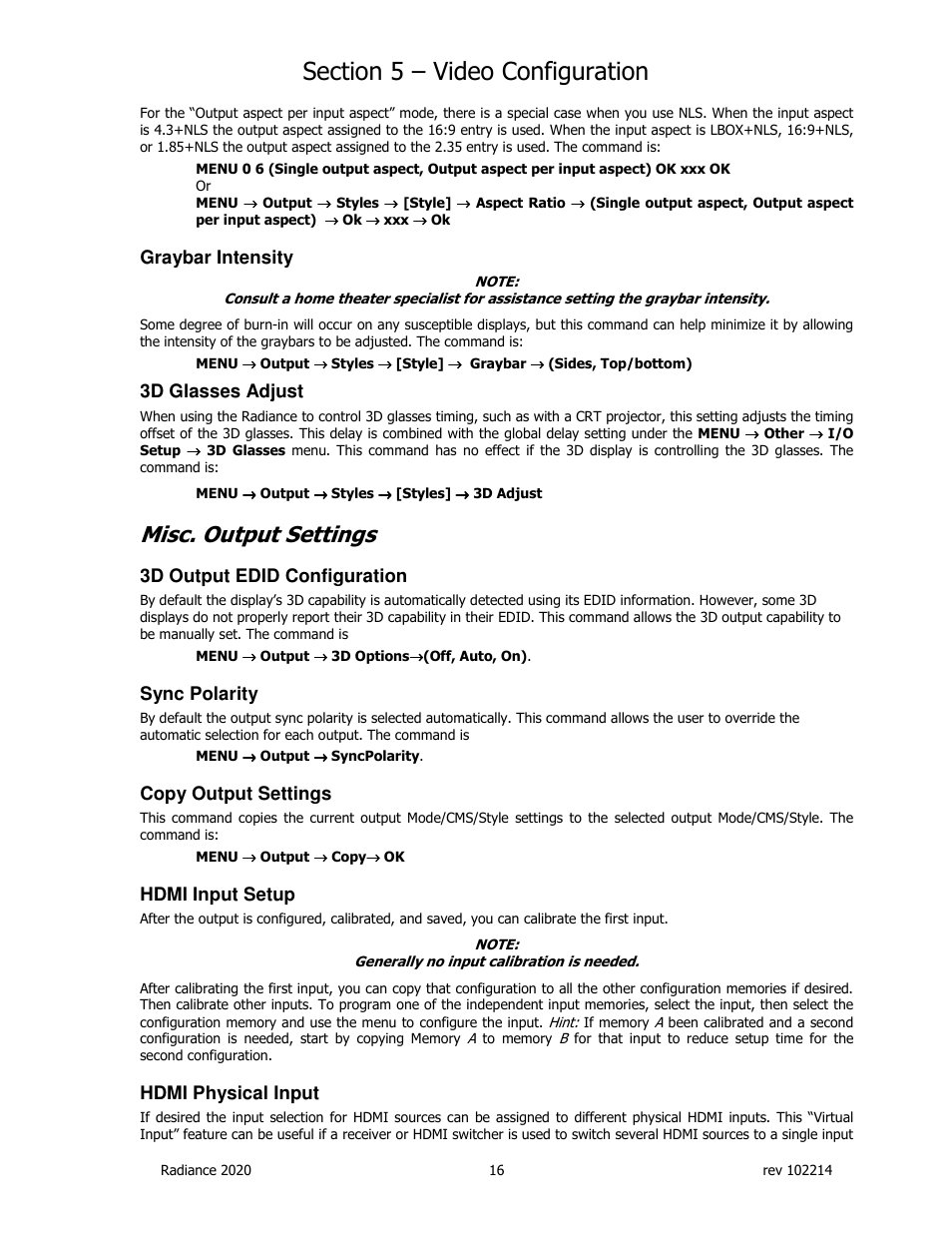 Misc. output settings, Graybar intensity, 3d glasses adjust | 3d output edid configuration, Sync polarity, Copy output settings, Hdmi input setup, Hdmi physical input | Lumagen Radiance 2020 User Manual | Page 21 / 40