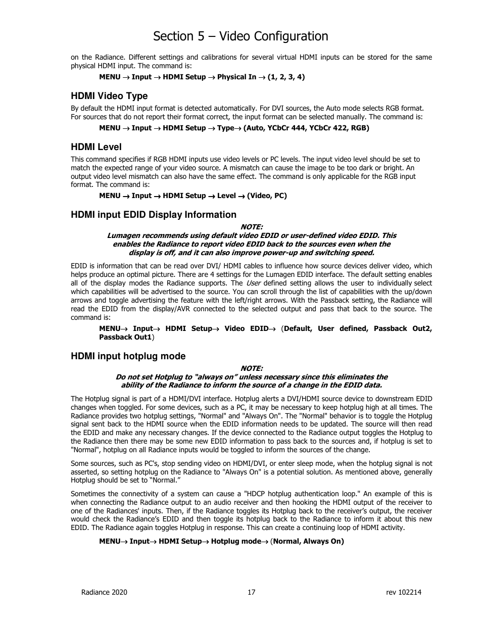 Hdmi video type, Hdmi level, Hdmi input edid display information | Hdmi input hotplug mode | Lumagen Radiance 2020 User Manual | Page 22 / 40