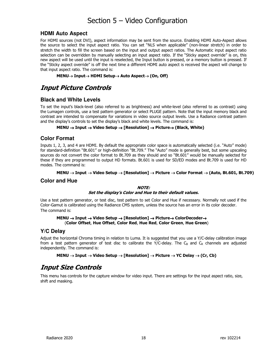 Input picture controls, Input size controls, Hdmi auto aspect | Black and white levels, Color format, Color and hue, Y/c delay | Lumagen Radiance 2020 User Manual | Page 23 / 40