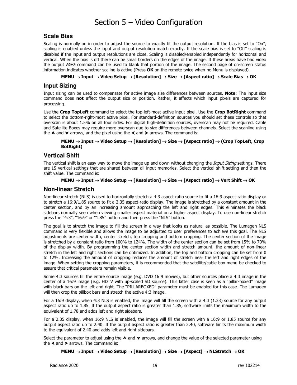 Scale bias, Input sizing, Vertical shift | Non-linear stretch | Lumagen Radiance 2020 User Manual | Page 24 / 40