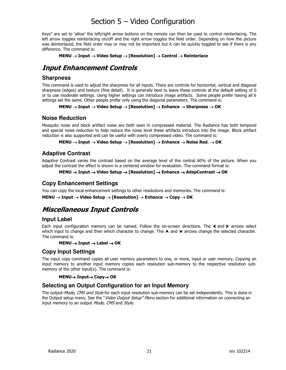 Input enhancement controls, Miscellaneous input controls, Sharpness | Noise reduction, Adaptive contrast, Copy enhancement settings, Input label, Copy input settings | Lumagen Radiance 2020 User Manual | Page 26 / 40