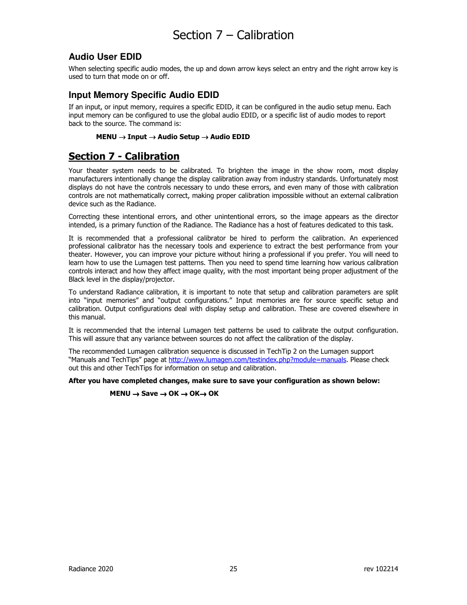 Audio user edid | Lumagen Radiance 2020 User Manual | Page 30 / 40