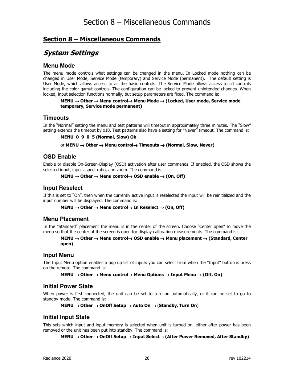 System settings, Menu mode, Timeouts | Osd enable, Input reselect, Menu placement, Input menu, Initial power state, Initial input state | Lumagen Radiance 2020 User Manual | Page 31 / 40