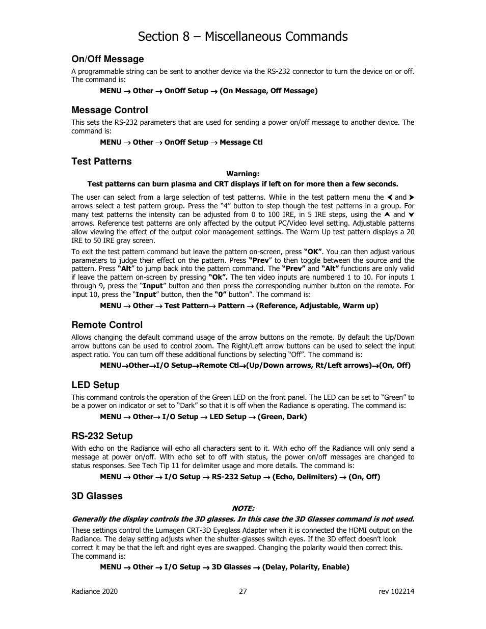 On/off message, Message control, Test patterns | Remote control, Led setup, Rs-232 setup, 3d glasses | Lumagen Radiance 2020 User Manual | Page 32 / 40