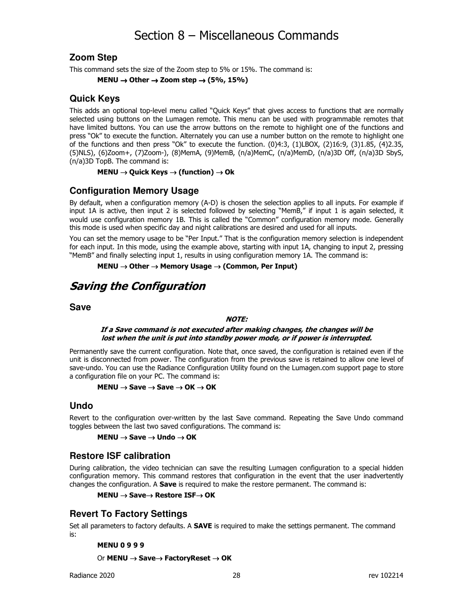 Saving the configuration, Zoom step, Quick keys | Save, Undo, Restore isf calibration, Revert to factory settings | Lumagen Radiance 2020 User Manual | Page 33 / 40