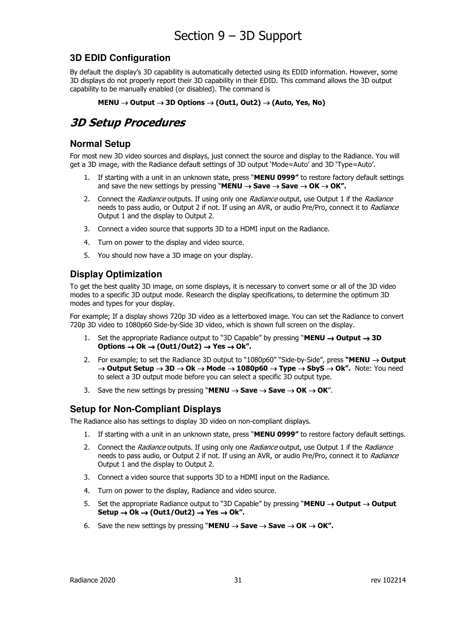 3d setup procedures, 3d edid configuration, Normal setup | Display optimization, Setup for non-compliant displays | Lumagen Radiance 2020 User Manual | Page 36 / 40