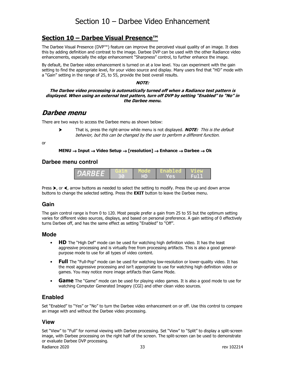 Darbee menu | Lumagen Radiance 2020 User Manual | Page 38 / 40