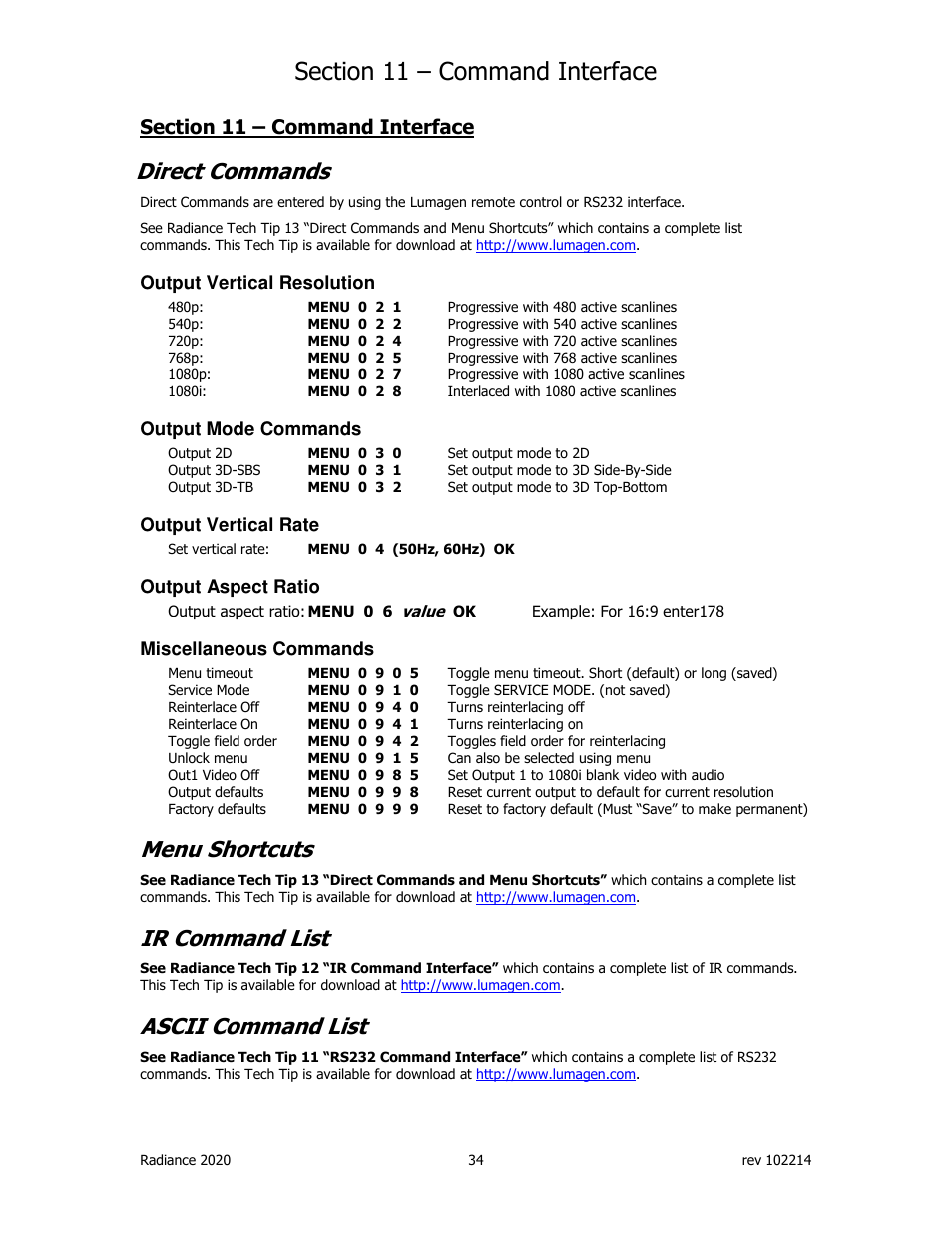 Direct commands, Menu shortcuts, Ir command list | Ascii command list | Lumagen Radiance 2020 User Manual | Page 39 / 40