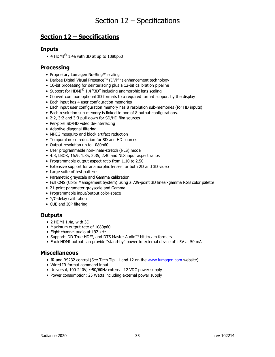 Inputs, Processing, Outputs | Miscellaneous | Lumagen Radiance 2020 User Manual | Page 40 / 40