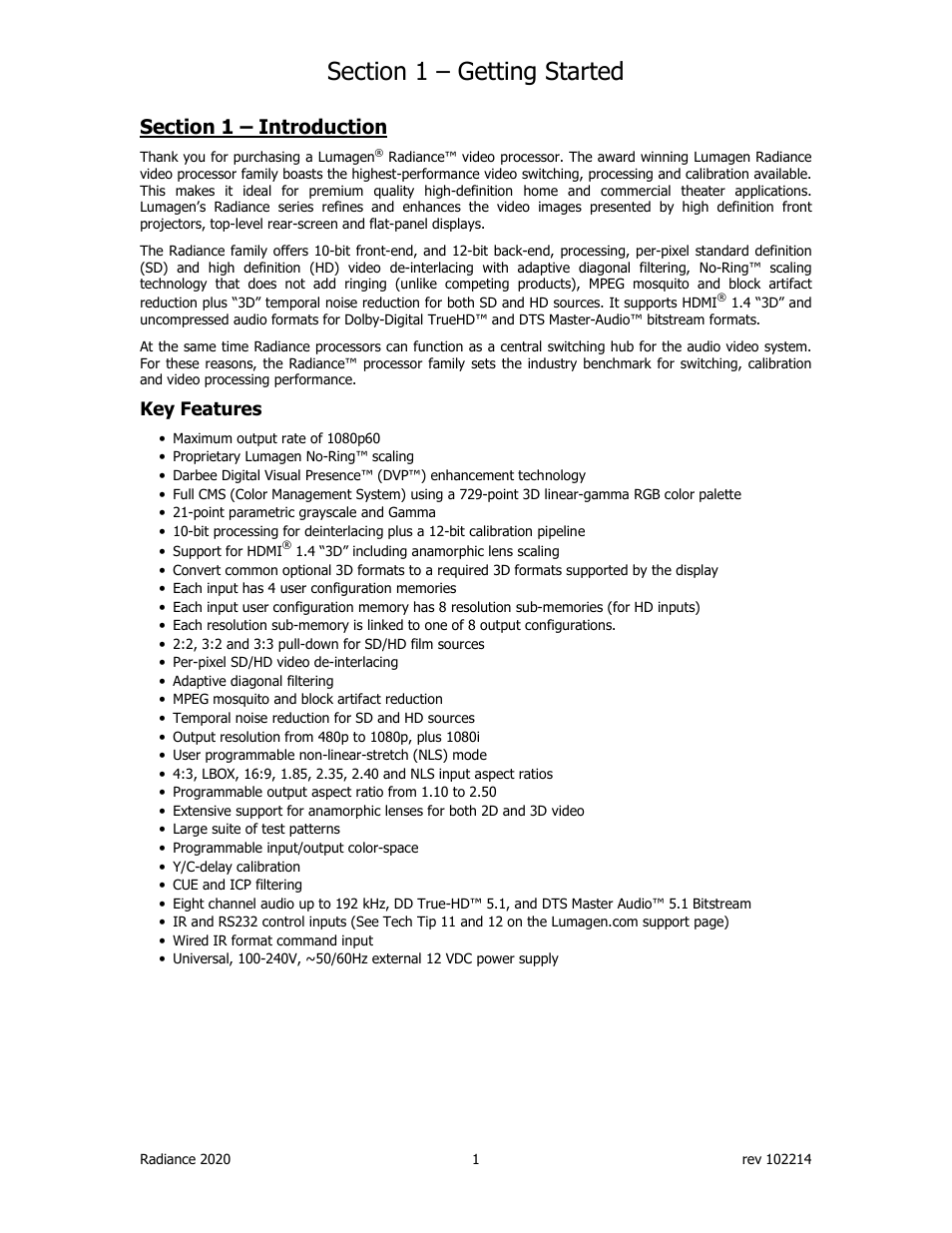 Key features | Lumagen Radiance 2020 User Manual | Page 6 / 40