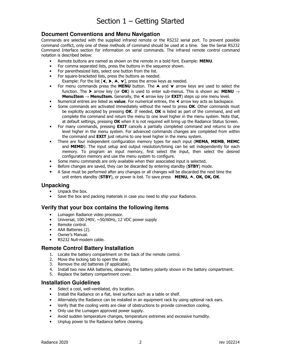 Document conventions and menu navigation, Unpacking, Verify that your box contains the following items | Remote control battery installation, Installation guidelines | Lumagen Radiance 2020 User Manual | Page 7 / 40