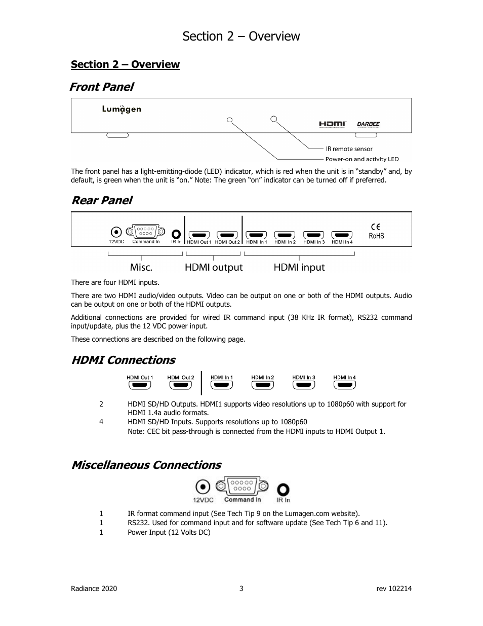 Front panel, Rear panel, Hdmi connections | Miscellaneous connections | Lumagen Radiance 2020 User Manual | Page 8 / 40