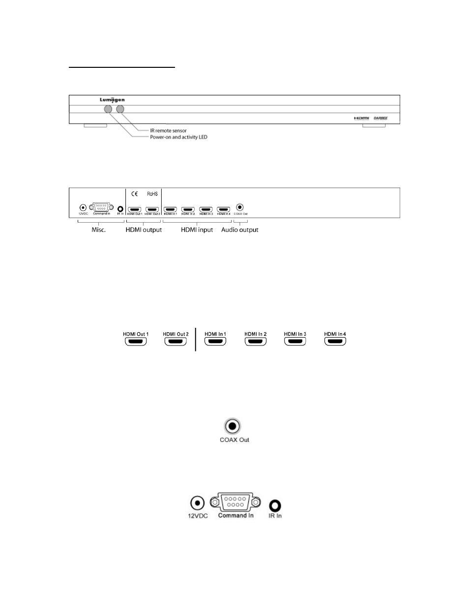 Section 2 – overview, Front panel, Rear panel | Hdmi connections, Audio output connection, Miscellaneous connections, Ront, Anel, Hdmi, Onnections | Lumagen Radiance 2021/2041 User Manual | Page 9 / 40