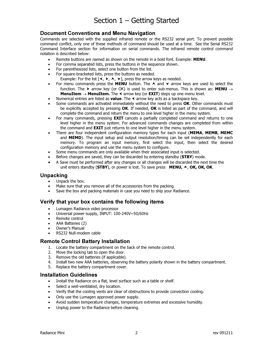 Document conventions and menu navigation, Unpacking, Verify that your box contains the following items | Remote control battery installation, Installation guidelines | Lumagen Radiance Mini-3D User Manual | Page 10 / 42