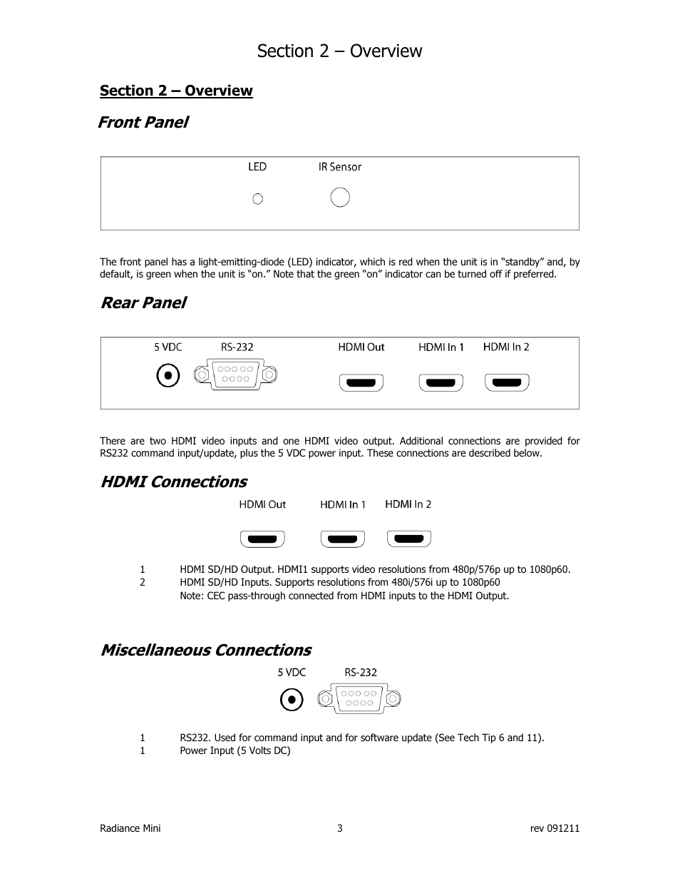 Front panel, Rear panel, Hdmi connections | Miscellaneous connections | Lumagen Radiance Mini-3D User Manual | Page 11 / 42