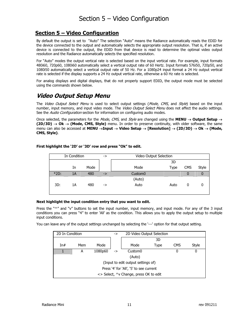 Video output setup menu | Lumagen Radiance Mini-3D User Manual | Page 19 / 42