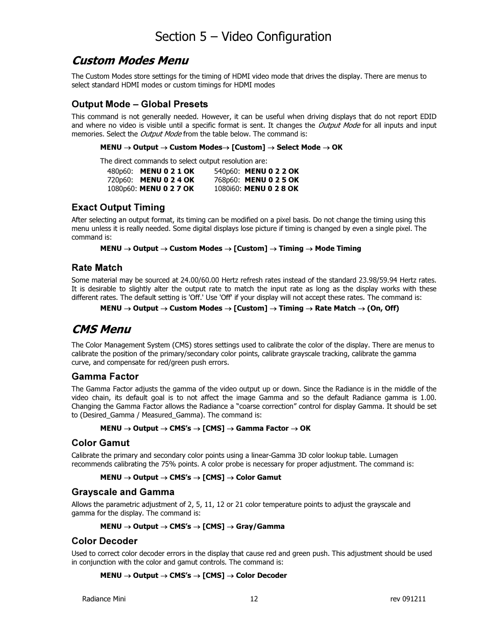 Custom modes menu, Cms menu | Lumagen Radiance Mini-3D User Manual | Page 20 / 42
