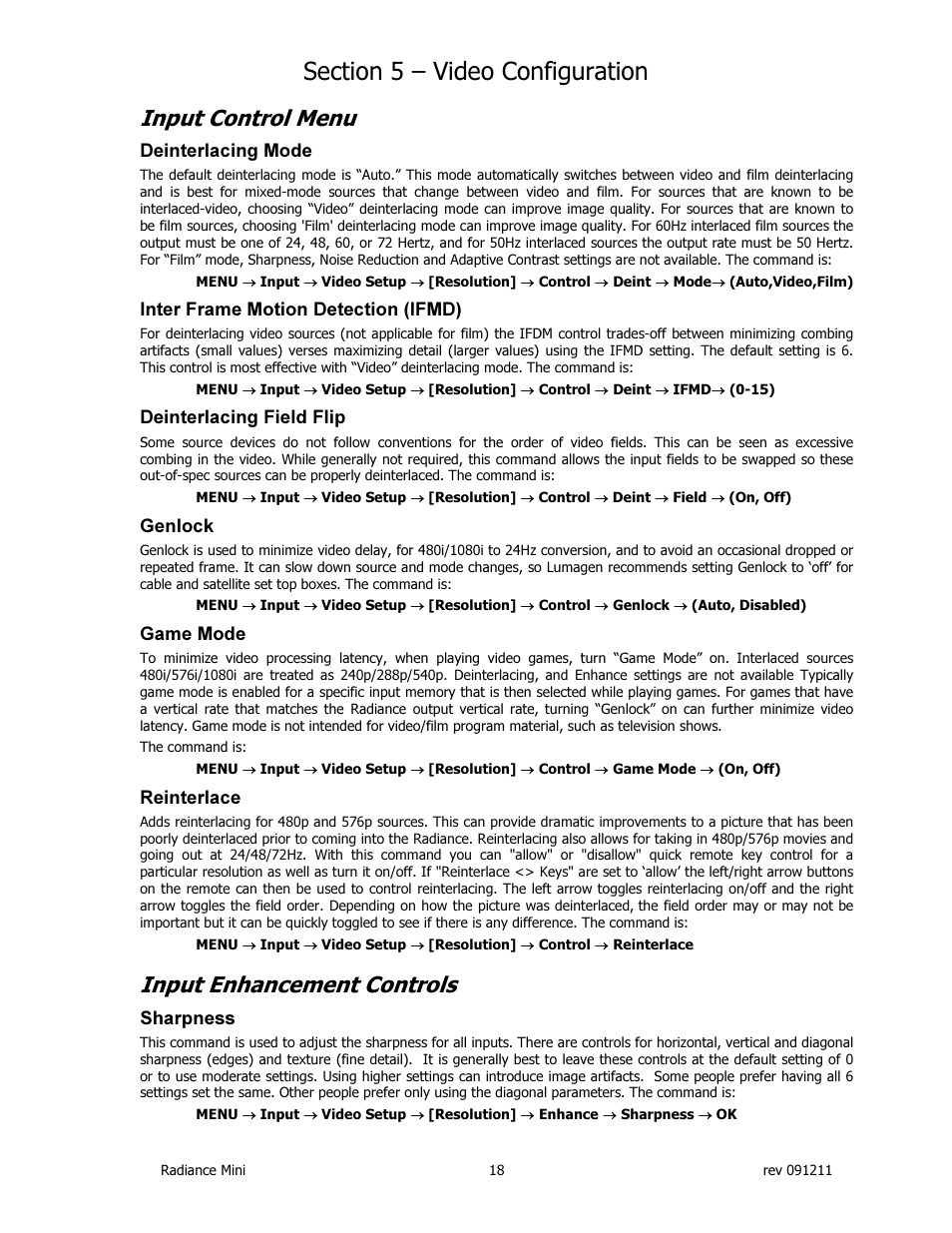 Input control menu, Input enhancement controls | Lumagen Radiance Mini-3D User Manual | Page 26 / 42