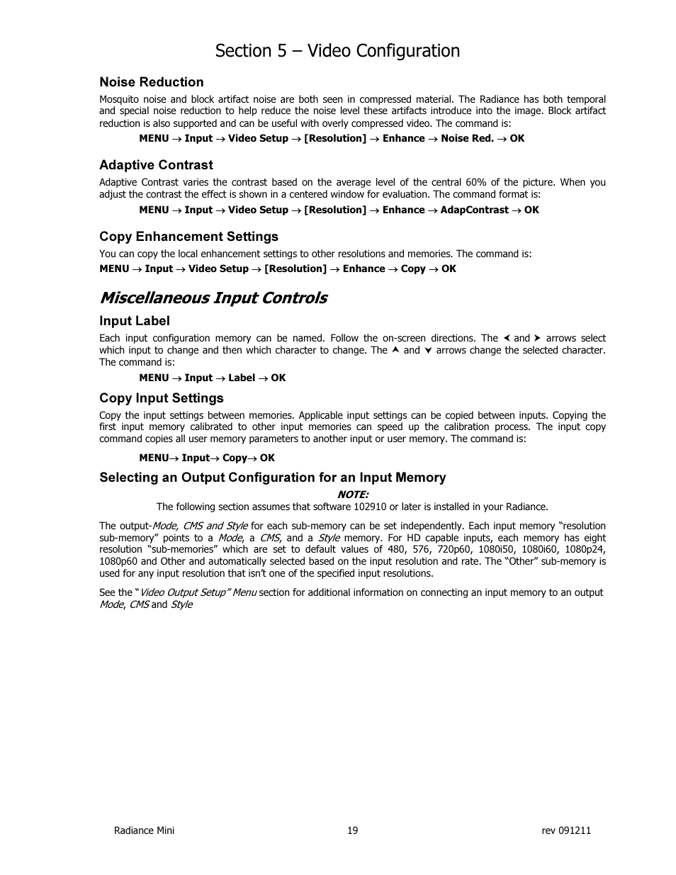 Miscellaneous input controls | Lumagen Radiance Mini-3D User Manual | Page 27 / 42