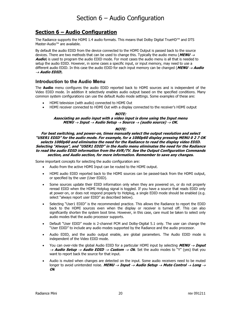 Introduction to the audio menu | Lumagen Radiance Mini-3D User Manual | Page 28 / 42