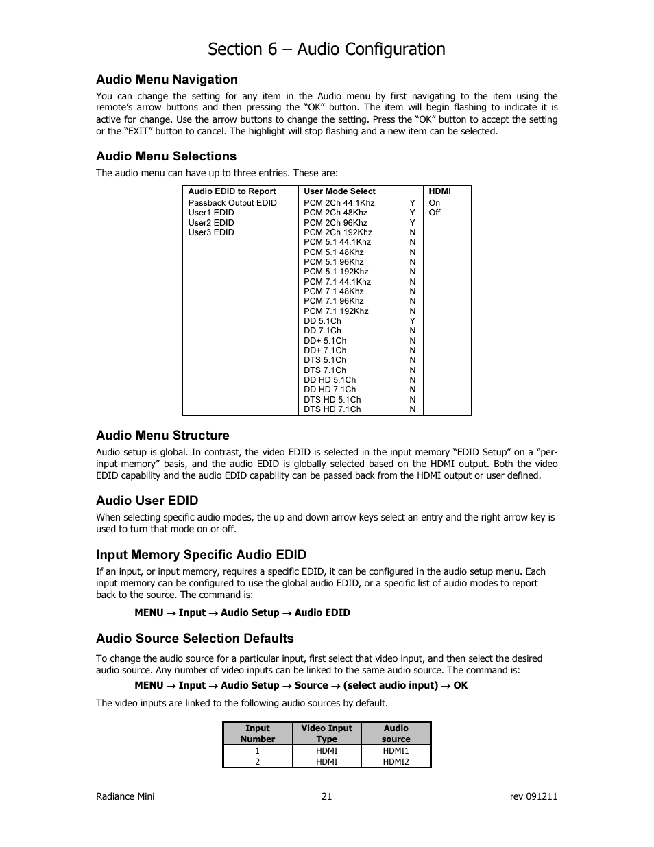 Audio menu navigation, Audio menu selections, Audio menu structure | Audio user edid, Audio source selection defaults | Lumagen Radiance Mini-3D User Manual | Page 29 / 42