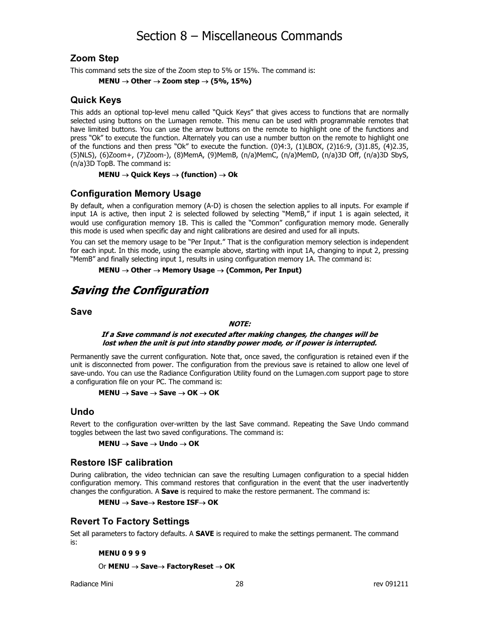 Saving the configuration | Lumagen Radiance Mini-3D User Manual | Page 36 / 42