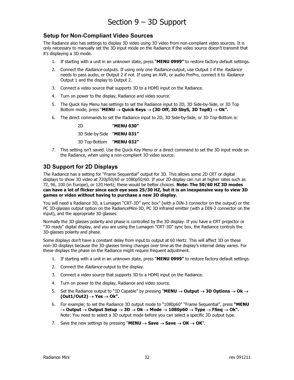 Setup for non-compliant video sources, 3d support for 2d displays | Lumagen Radiance Mini-3D User Manual | Page 40 / 42