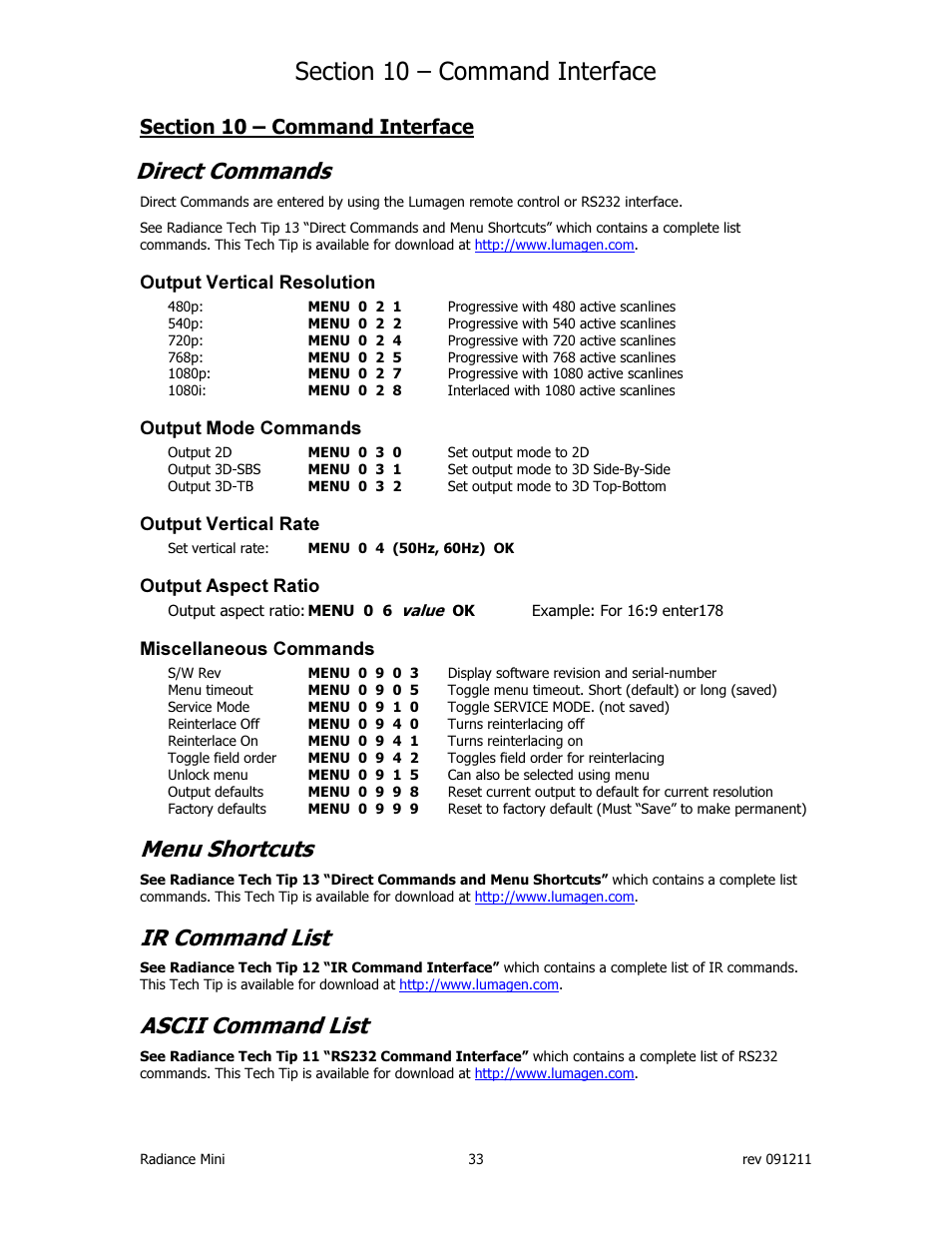 Direct commands, Menu shortcuts, Ir command list | Ascii command list, Output vertical resolution, Output mode commands, Output vertical rate, Output aspect ratio, Miscellaneous commands | Lumagen Radiance Mini-3D User Manual | Page 41 / 42