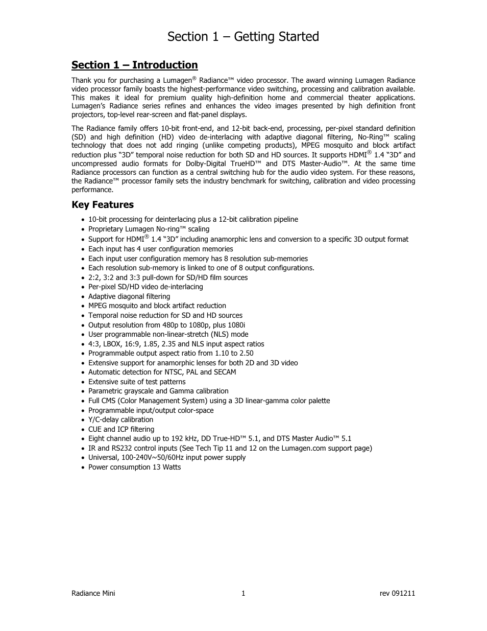 Key features | Lumagen Radiance Mini-3D User Manual | Page 9 / 42