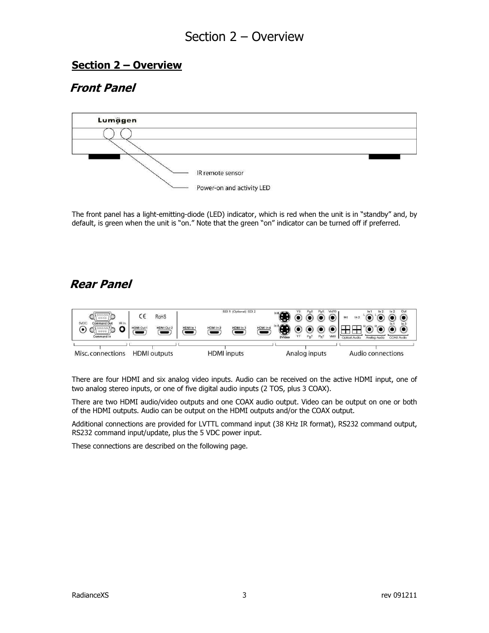 Front panel, Rear panel | Lumagen Radiance XS-3D User Manual | Page 11 / 48