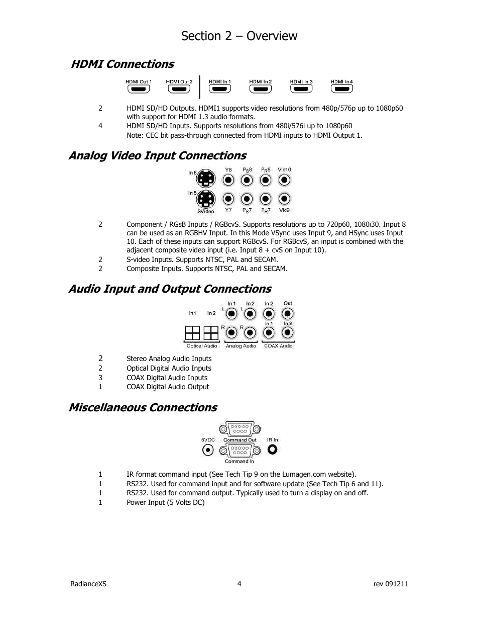 Hdmi connections, Analog video input connections, Audio input and output connections | Miscellaneous connections | Lumagen Radiance XS-3D User Manual | Page 12 / 48