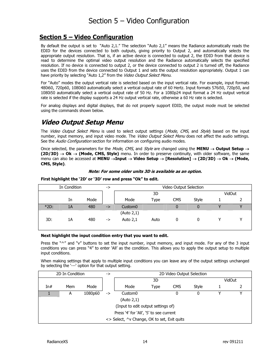 Video output setup menu | Lumagen Radiance XS-3D User Manual | Page 22 / 48