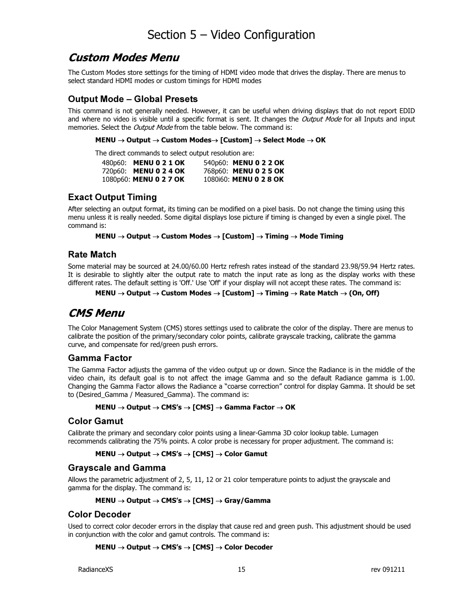 Custom modes menu, Cms menu | Lumagen Radiance XS-3D User Manual | Page 23 / 48