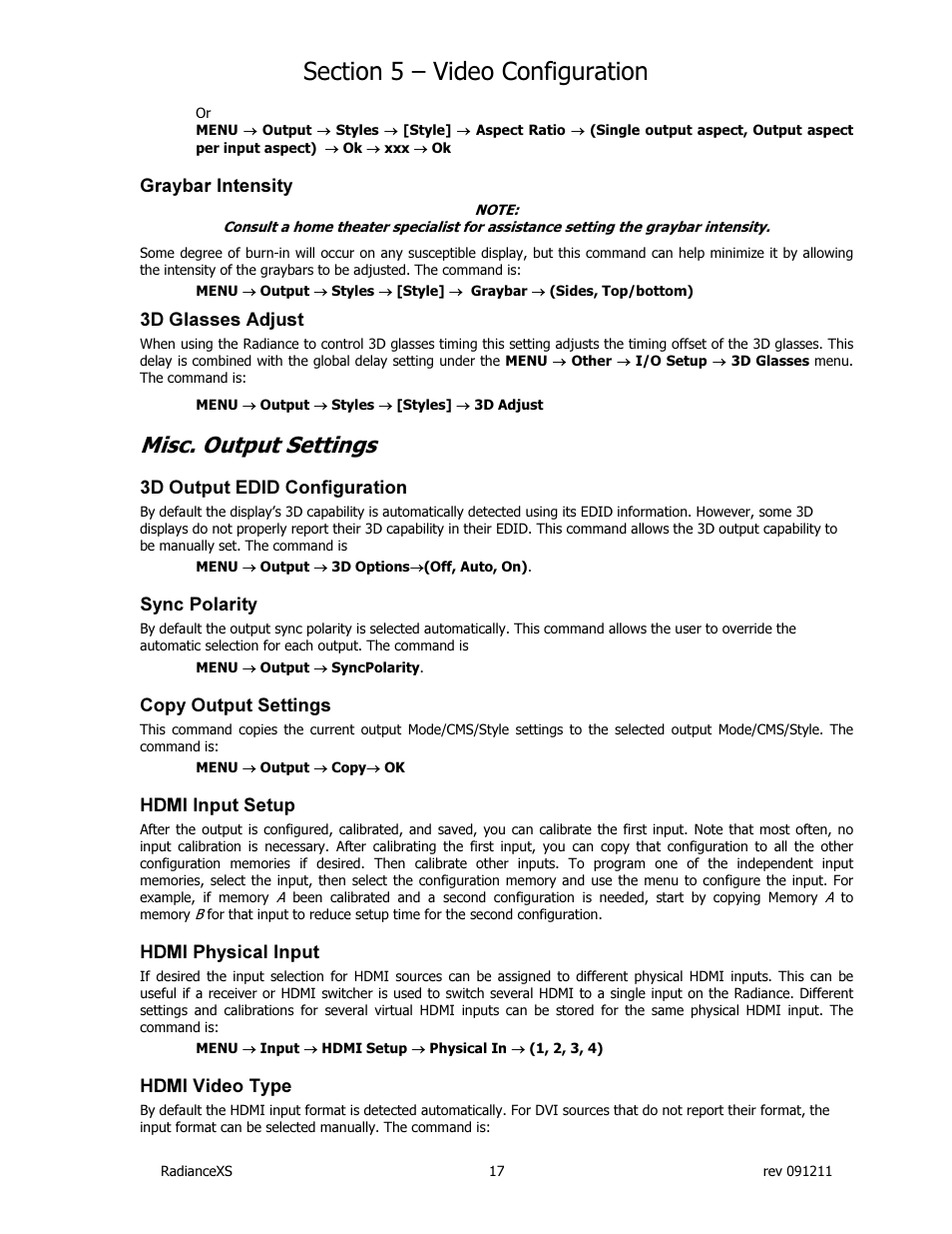 Misc. output settings | Lumagen Radiance XS-3D User Manual | Page 25 / 48