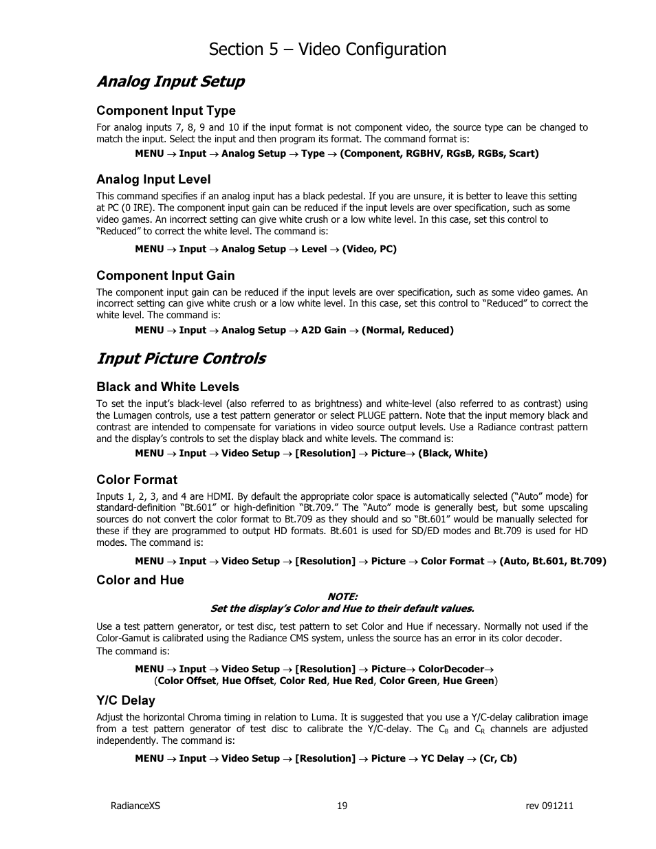 Analog input setup, Input picture controls | Lumagen Radiance XS-3D User Manual | Page 27 / 48