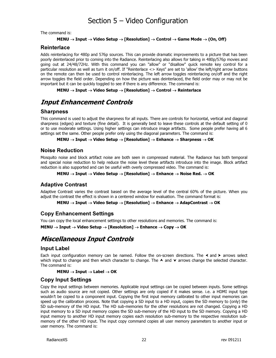 Input enhancement controls, Miscellaneous input controls | Lumagen Radiance XS-3D User Manual | Page 30 / 48