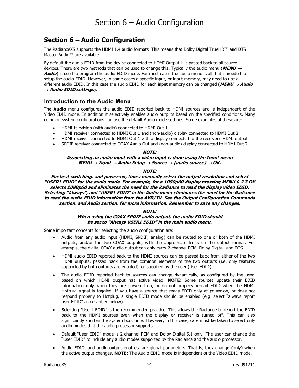 Introduction to the audio menu | Lumagen Radiance XS-3D User Manual | Page 32 / 48