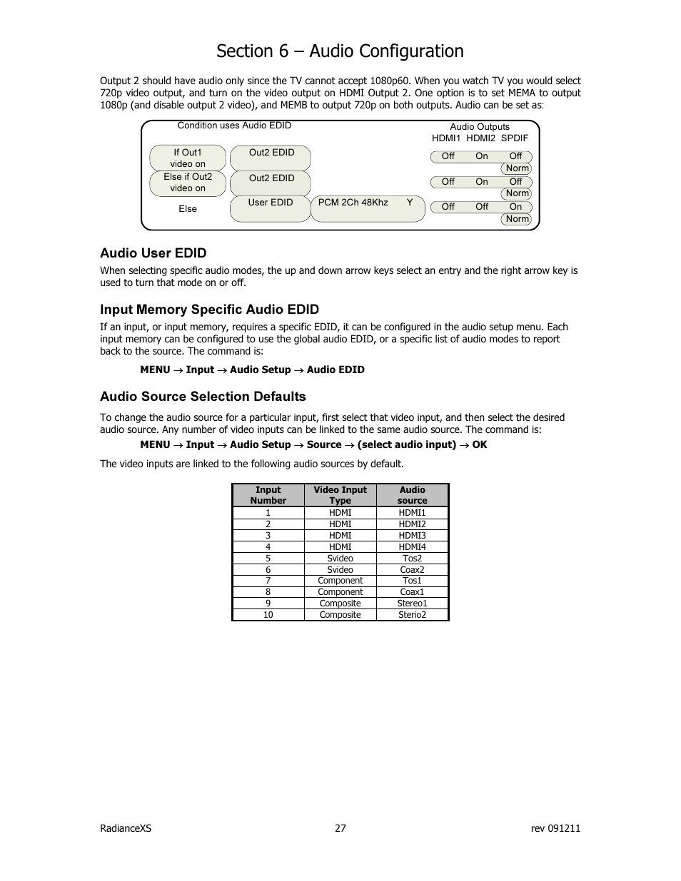 Audio user edid, Audio source selection defaults | Lumagen Radiance XS-3D User Manual | Page 35 / 48