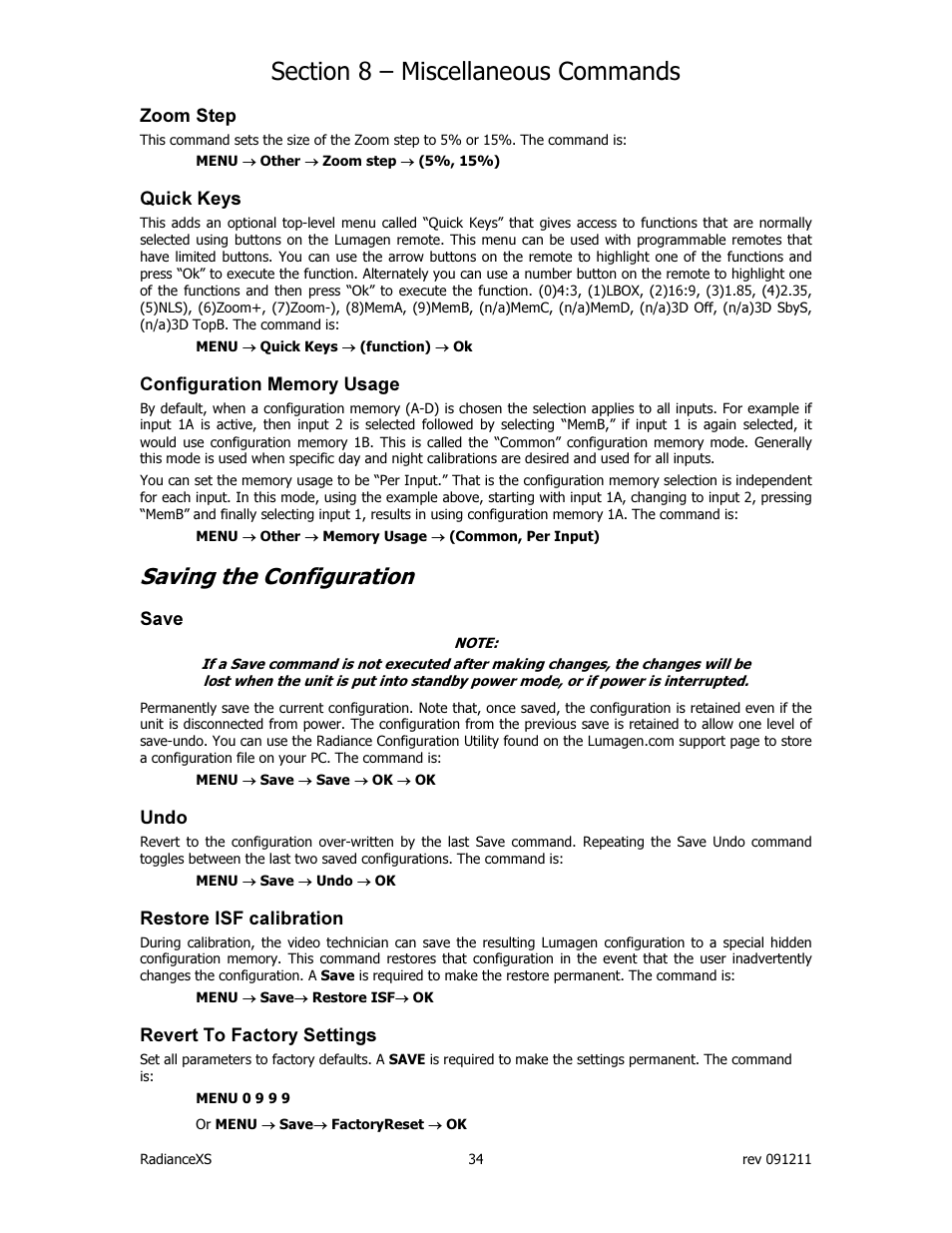 Saving the configuration | Lumagen Radiance XS-3D User Manual | Page 42 / 48