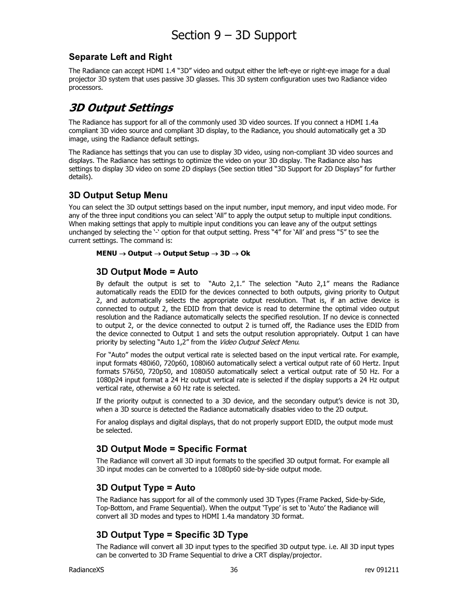 3d output settings | Lumagen Radiance XS-3D User Manual | Page 44 / 48