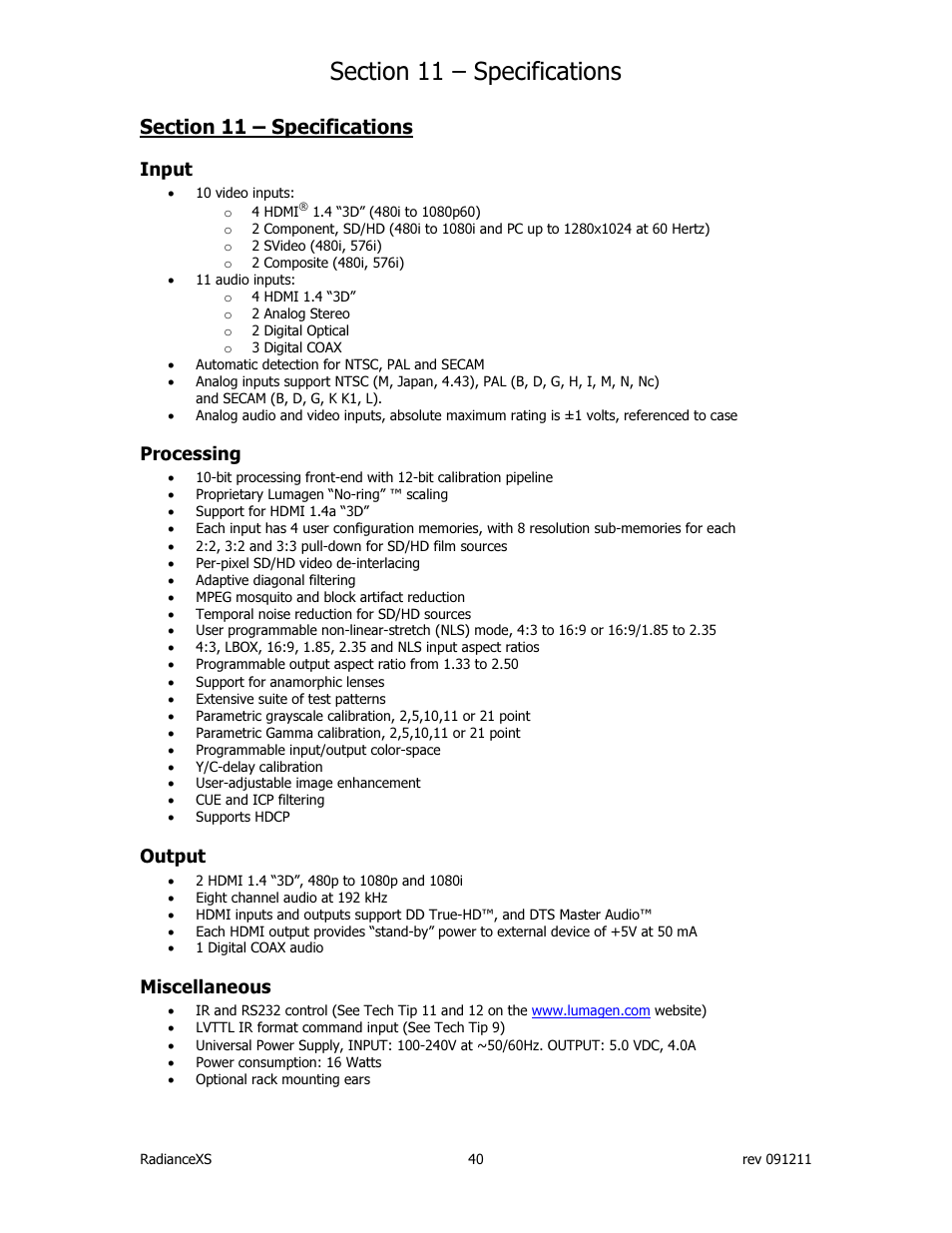 Input, Processing, Output | Miscellaneous | Lumagen Radiance XS-3D User Manual | Page 48 / 48