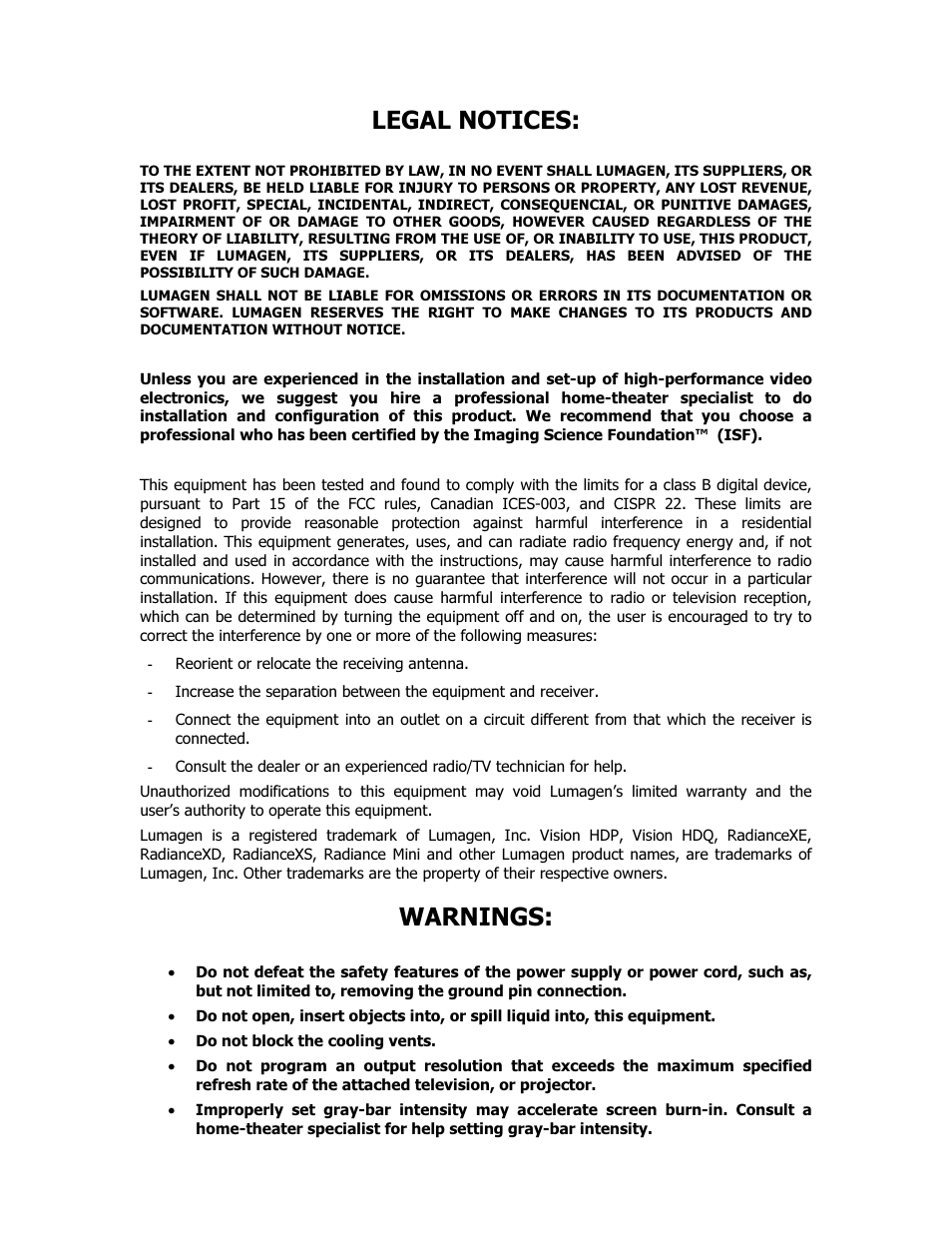 Legal notices, Warnings | Lumagen Radiance XS-3D User Manual | Page 5 / 48
